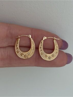 14k Vintage Oval Greek Key Hoop Earrings Yellow Gold